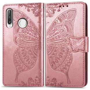 Butterfly Love Flowers Embossing Horizontal Flip Leather Case for Huawei P30 Lite / Nova 4e, with Holder & Card Slots & Wallet & Lanyard (Rose Gold)