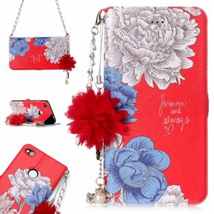 For Huawei  P8 Lite (2017) Red Background Chrysanthemum Pattern Horizontal Flip Leather Case with Holder & Card Slots & Pearl Flower Ornament & Chain