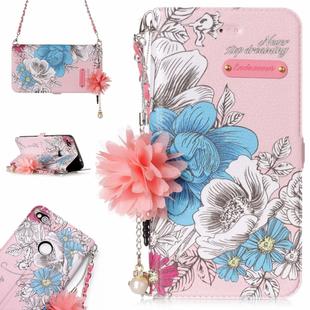 For Huawei  P8 Lite (2017) Pink Background Blue Rose Pattern Horizontal Flip Leather Case with Holder & Card Slots & Pearl Flower Ornament & Chain