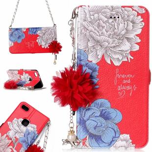 For Huawei  P10 Lite Red Background Chrysanthemum Pattern Horizontal Flip Leather Case with Holder & Card Slots & Pearl Flower Ornament & Chain