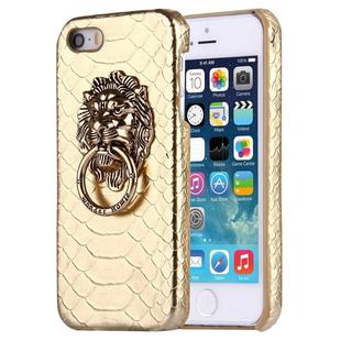 For iPhone SE & 5s & 5 Snakeskin Texture Paste Skin PC Protective Case with Lion Head Holder(Gold)