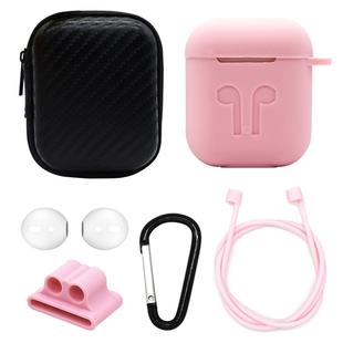 6 in 1 Earphone Bag + Earphone Case + Earphones Silicone Buckle + Earbuds + Anti-Drops Buckle + Anti-lost Rope Wireless Earphone Silicone Case Set for Apple Airpods(Pink)