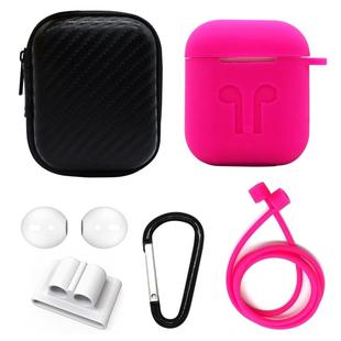 6 in 1 Earphone Bag + Earphone Case + Earphones Silicone Buckle + Earbuds + Anti-Drops Buckle + Anti-lost Rope Wireless Earphone Silicone Case Set for Apple Airpods(Rose Red)