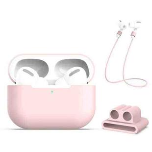 For AirPods Pro 3 in 1 Silicone Earphone Protective Case + Earphones Buckle + Anti-lost Rope Set(Pink)