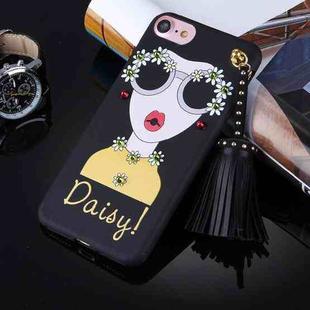 For  iPhone 8 & 7  Fashion Girl in Yellow and Wearing Glasses Pattern Soft TPU Protective Back Cover Case with Tassel Pendant(Black)