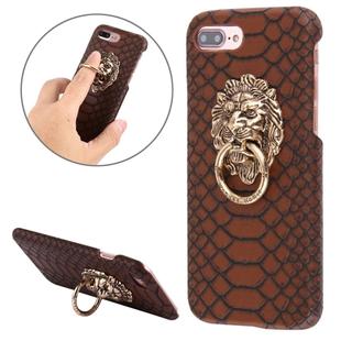 For iPhone 8 Plus & 7 Plus   Snakeskin Texture Paste Skin PC Protective Case with Lion Head Holder(Coffee)