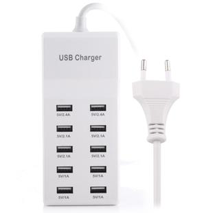 5V 2.4A / 2.1A / 1A 10-Port USB Charger Adapter, EU Plug(White)