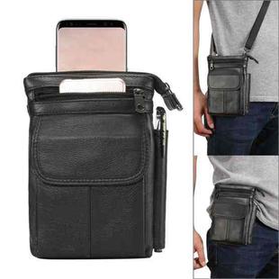 6.5 inch and Below Universal Small Texture Genuine Leather Men Vertical Style Case Double Zipper Shoulder Carrying Bag with Belt Hole & Climbing Buckle for Sony, Huawei, Meizu, Lenovo, ASUS, Cubot, Oneplus, Xiaomi, Ulefone, Letv, DOOGEE, Vkworld, and other Smartphones (Black)