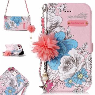 For iPhone 7 & 8 Pink Background Blue Rose Pattern Horizontal Flip Leather Case with Holder & Card Slots & Pearl Flower Ornament & Chain