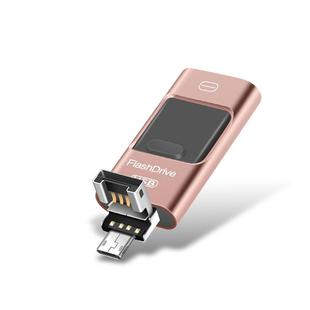 8GB USB 2.0 + 8 Pin + Mirco USB Android iPhone Computer Dual-use Metal Flash Drive (Rose Gold)