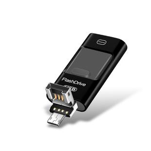 64GB USB 2.0 + 8 Pin + Mirco USB Android iPhone Computer Dual-use Metal Flash Drive (Black)