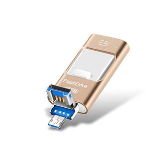32GB USB 3.0 + 8 Pin + Mirco USB Android iPhone Computer Dual-use Metal Flash Drive (Gold)
