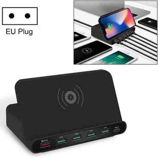 828W 7 in 1 60W QC 3.0 USB Interface + 4 USB Ports + USB-C / Type-C Interface + Wireless Charging Multi-function Charger with Mobile Phone Holder Function, EU Plug(Black)