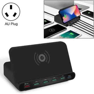 828W 7 in 1 60W QC 3.0 USB Interface + 4 USB Ports + USB-C / Type-C Interface + Wireless Charging Multi-function Charger with Mobile Phone Holder Function, AU Plug(Black)