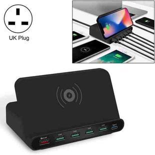 828W 7 in 1 60W QC 3.0 USB Interface + 4 USB Ports + USB-C / Type-C Interface + Wireless Charging Multi-function Charger with Mobile Phone Holder Function, UK Plug(Black)