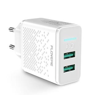 FLOVEME  5V 2.4A Dual USB Travel Wall Charger Power Plug Adapter, EU Plug(White)