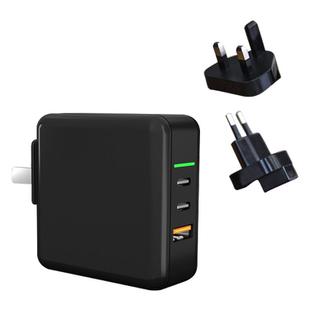 65W USB Ports x 1 + Type-C Port x 2 GaN Portable Mini Fast Charger Travel Charger with UK & US & EU Plug Set (Black)