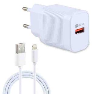 LZ-728 2 in 1 18W QC 3.0 USB Interface Travel Charger + USB to 8 Pin Data Cable Set, EU Plug, Cable Length: 1m(White)