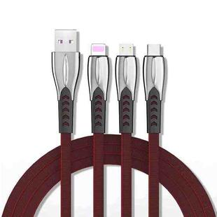 3A 3 in 1 USB to 8Pin + Micro USB + USB-C / Type-C Zinc Alloy Super-fast Charging Cable (Wine Red)