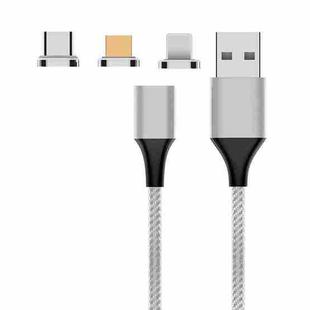 M11 3 in 1 3A USB to 8 Pin + Micro USB + USB-C / Type-C Nylon Braided Magnetic Data Cable, Cable Length: 2m (Silver)