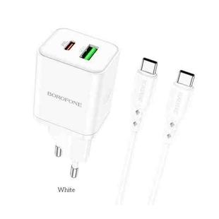 Borofone BN7 PD20W + QC3.0 Dual Ports Travel Charger with Type-C / USB-C to Type-C / USB-C Cable, EU Plug(White)