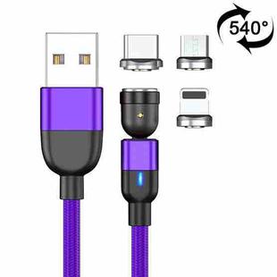2m 3A Output 3 in 1 USB to 8 Pin + USB-C / Type-C + Micro USB 540 Degree Rotating Magnetic Data Sync Charging Cable(Purple)