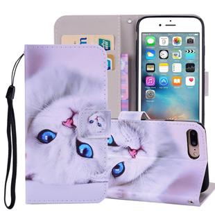 White Cat Pattern Colored Drawing Horizontal Flip Leather Case for iPhone 8 Plus & 7 Plus, with Holder & Card Slots & Wallet & Lanyard