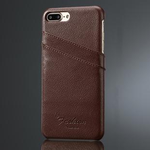 Fierre Shann Litchi Texture Genuine Leather Case for iPhone 8 Plus & 7 Plus, with Card Slots(Brown)