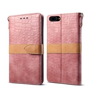 Splicing Color Crocodile Texture PU Horizontal Flip Leather Case for iPhone 7 Plus / 8 Plus, with Wallet & Holder & Card Slots & Lanyard (Pink)