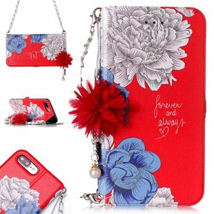 For iPhone 7 Plus & 8 Plus Red Background Chrysanthemum Pattern Horizontal Flip Leather Case with Holder & Card Slots & Pearl Flower Ornament & Chain