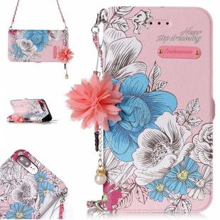 For iPhone 7 Plus & 8 Plus Pink Background Blue Rose Pattern Horizontal Flip Leather Case with Holder & Card Slots & Pearl Flower Ornament & Chain