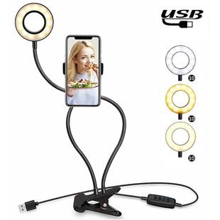 Makeup USB Selfie Ring Light with Clip Lazy Bracket Cell Phone Holder Stand, With 3-Light Mode, 10-Level Brightness LED Desk Lamp, Compatible with iPhone / Android,  for Live Stream, KTV, Live Broadcast, Live Show, etc