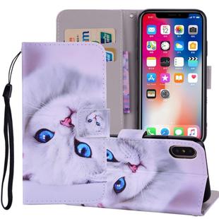 White Cat Pattern Colored Drawing Horizontal Flip Leather Case for    iPhone X / XS   , with Holder & Card Slots & Wallet & Lanyard