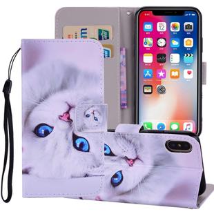 White Cat Pattern Colored Drawing Horizontal Flip Leather Case for  iPhone XS Max  6.5 inch, with Holder & Card Slots & Wallet & Lanyard 