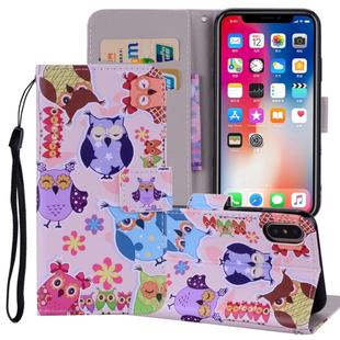 Colored Owl Pattern Colored Drawing Horizontal Flip Leather Case for  iPhone XS Max  6.5 inch, with Holder & Card Slots & Wallet & Lanyard 