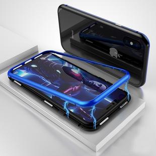 Ultra Slim Magnetic Adsorption Metal Frame Tempered Glass Magnet Flip Case for   iPhone X / XS  (Black + Blue)