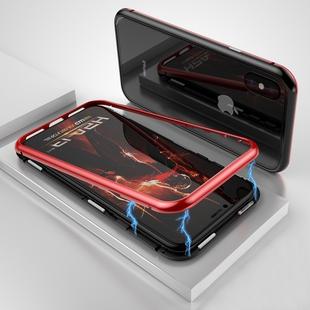 Ultra Slim Magnetic Adsorption Metal Frame Tempered Glass Magnet Flip Case for   iPhone X / XS  (Black + Red)