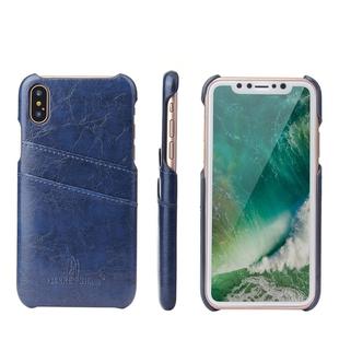 For iPhone X / XS Fierre Shann Retro Oil Wax Texture PU Leather Case with Card Slots(Blue)