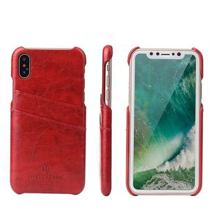 For iPhone X / XS Fierre Shann Retro Oil Wax Texture PU Leather Case with Card Slots(Red)