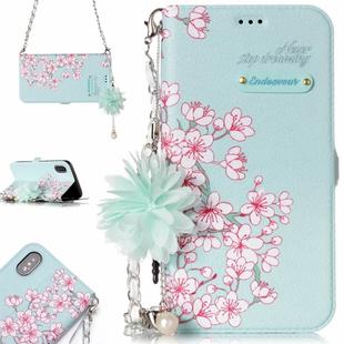 For iPhone X / XS Sakura Flower Pattern Horizontal Flip Leather Case with Holder & Card Slots & Pearl Flower Ornament & Chain