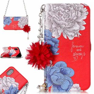 For iPhone X / XS Red Background Chrysanthemum Pattern Horizontal Flip Leather Case with Holder & Card Slots & Pearl Flower Ornament & Chain