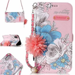 For iPhone X / XS Pink Background Blue Rose Pattern Horizontal Flip Leather Case with Holder & Card Slots & Pearl Flower Ornament & Chain