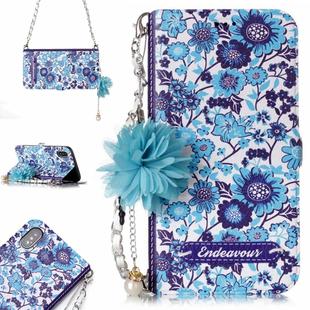 For iPhone X / XS Blue and White Porcelain Pattern Horizontal Flip Leather Case with Holder & Card Slots & Pearl Flower Ornament & Chain