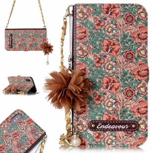 For iPhone X / XS Impatiens Balsamina Pattern Horizontal Flip Leather Case with Holder & Card Slots & Pearl Flower Ornament & Chain