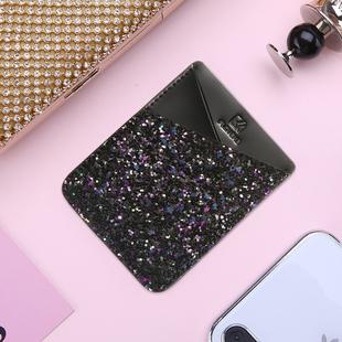Adhesive Stick-on Phone Holder ID Credit Card Sleeve Black Glitter Print Leather Pouch for 4.7-5.8 inch Android & iPhone Smartphones