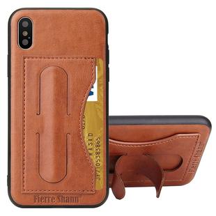 For iPhone X / XS Fierre Shann Full Coverage Protective Leather Case with Holder & Card Slot(Brown)