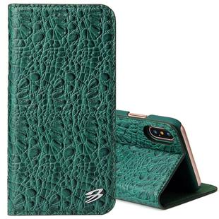 For iPhone X / XS Fierre Shann Crocodile Texture Magnetic Horizontal Flip Genuine Leather Case with Holder & Card Slot(Green)