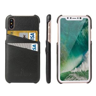 For iPhone X / XS Fierre Shann Litchi Texture Genuine Leather Back Cover Case With Card Slots(Black)