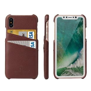 For iPhone X / XS Fierre Shann Litchi Texture Genuine Leather Back Cover Case With Card Slots(Brown)