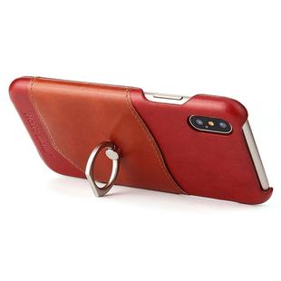 For iPhone X / XS Fierre Shann Color Matching Genuine Leather Back Cover Case With 360 Degree Rotation Holder & Card Slot(Red)